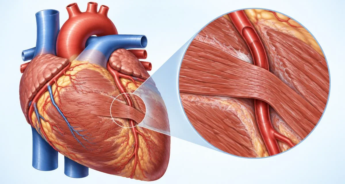 Schematic heart illustration showing a coronary artery passing beneath a band of heart muscle, with an enlarged view of the tunneled segment