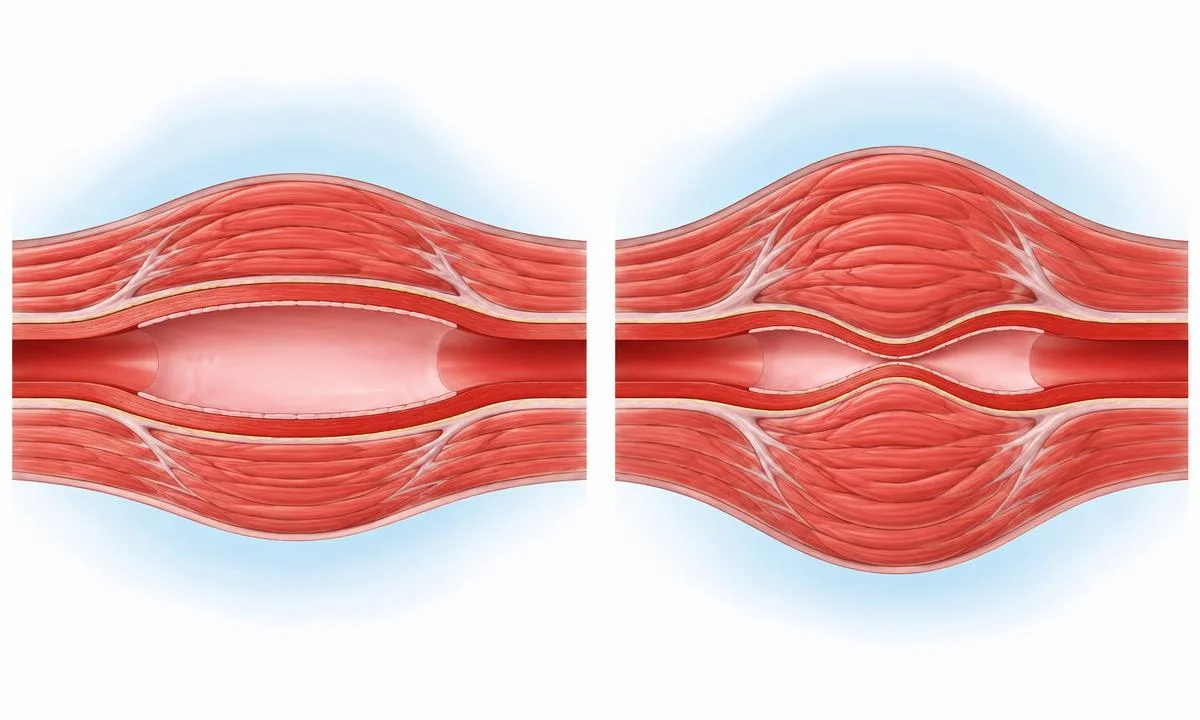 Paired simplified artery cutaways: a wider lumen with relaxed surrounding muscle on the left and a compressed lumen with contracted muscle on the right